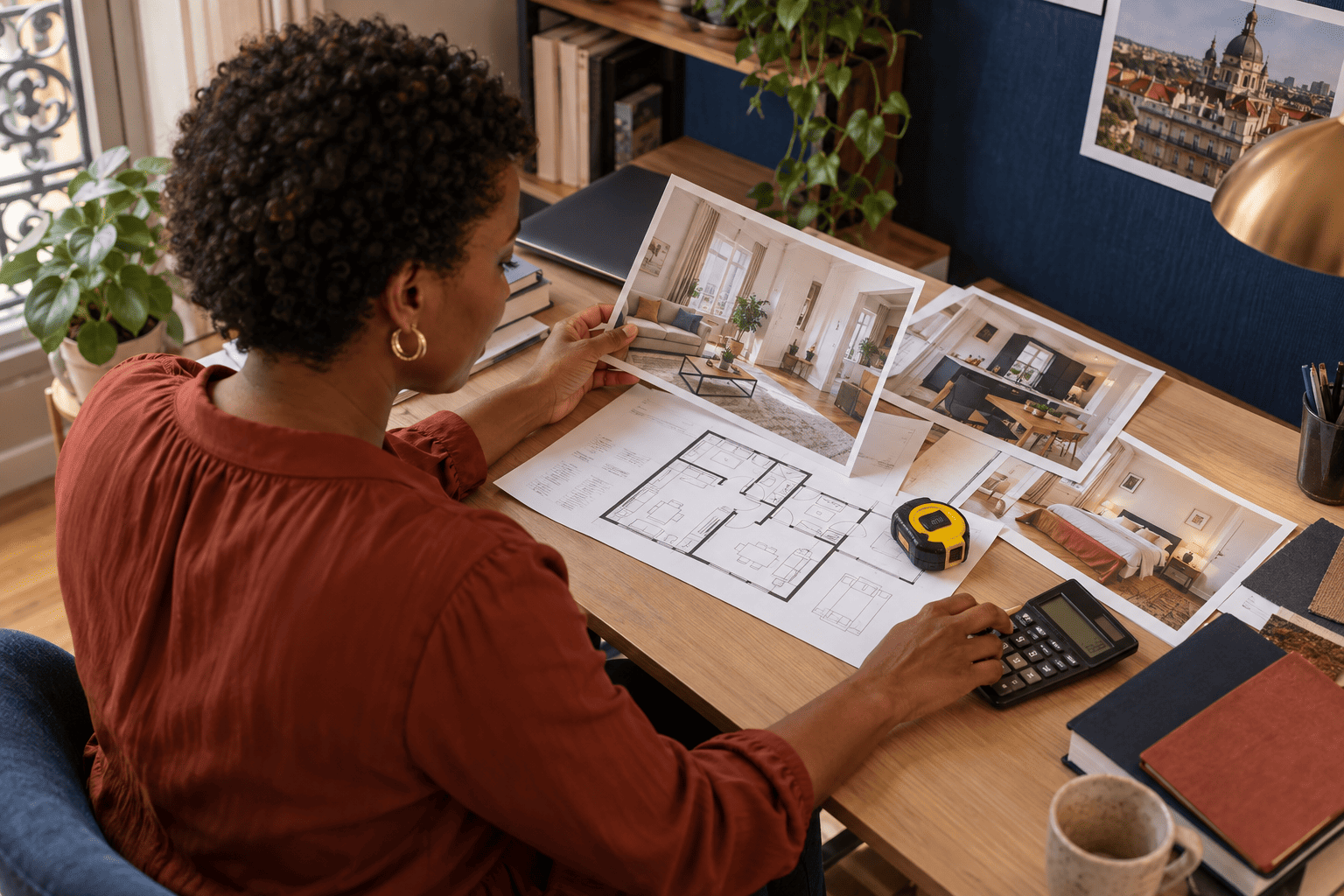 Conseillère immobilière étudiant les plans et les mesures d'un logement