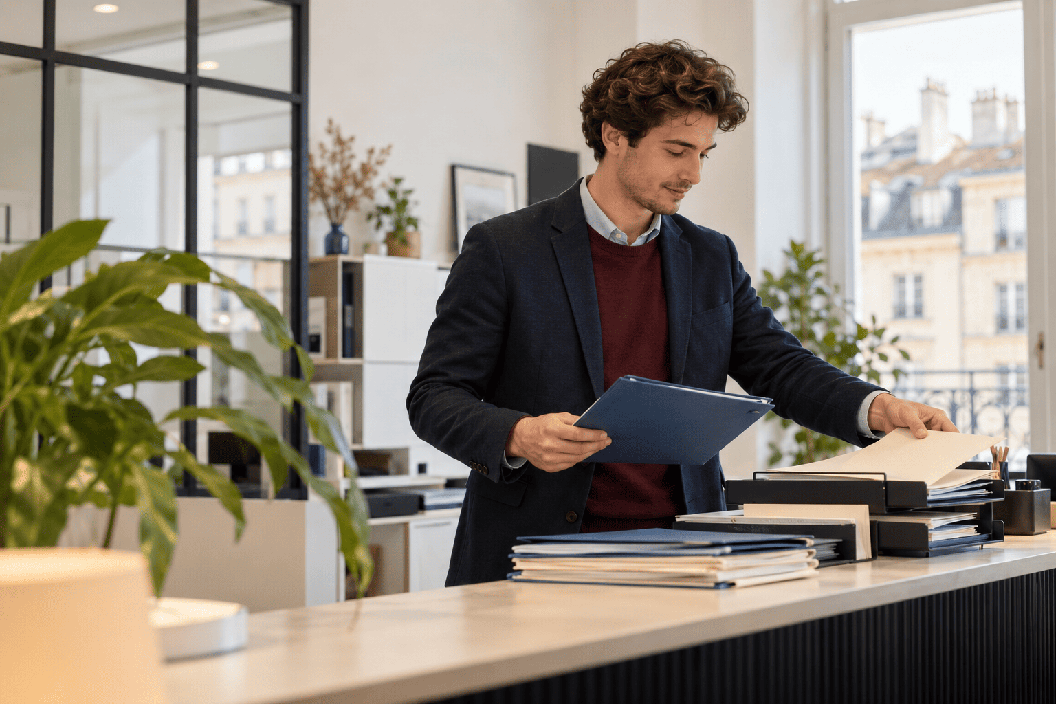 Coordinateur immobilier triant et organisant les dossiers de gestion locative