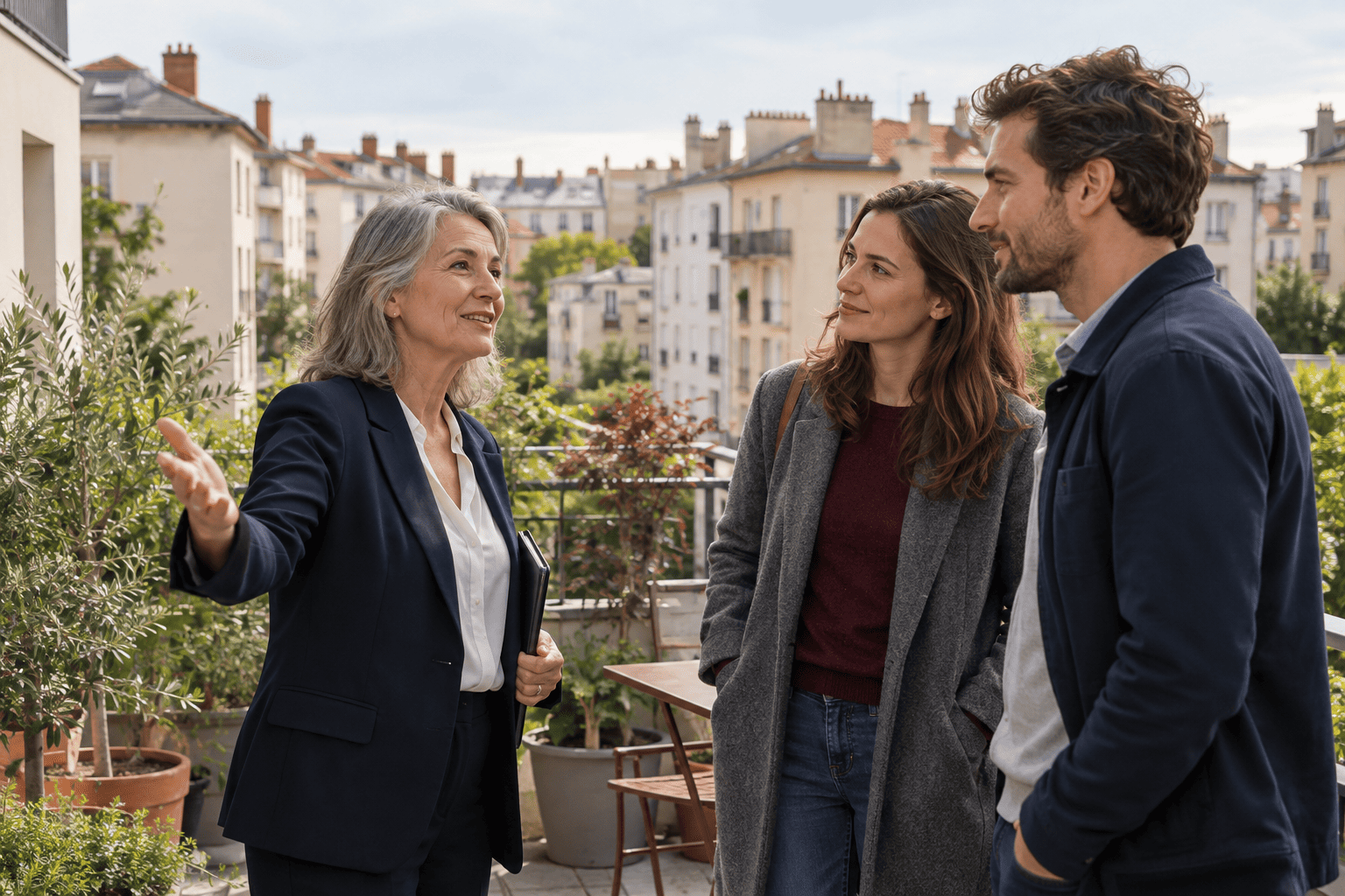 Visite locative et échange sur la terrasse d'un appartement lyonnais