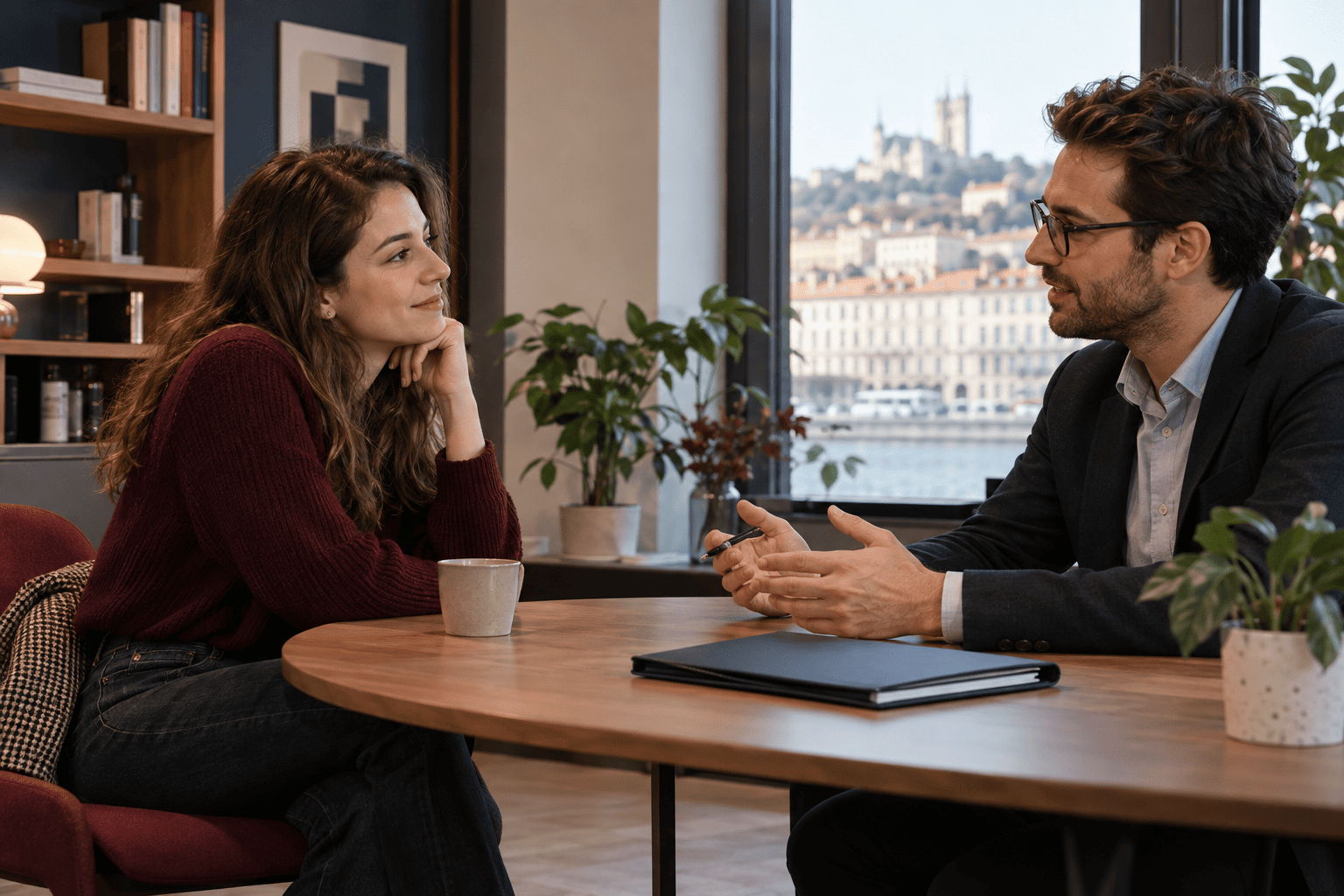 Entretien avec une candidate à la location dans un bureau lyonnais