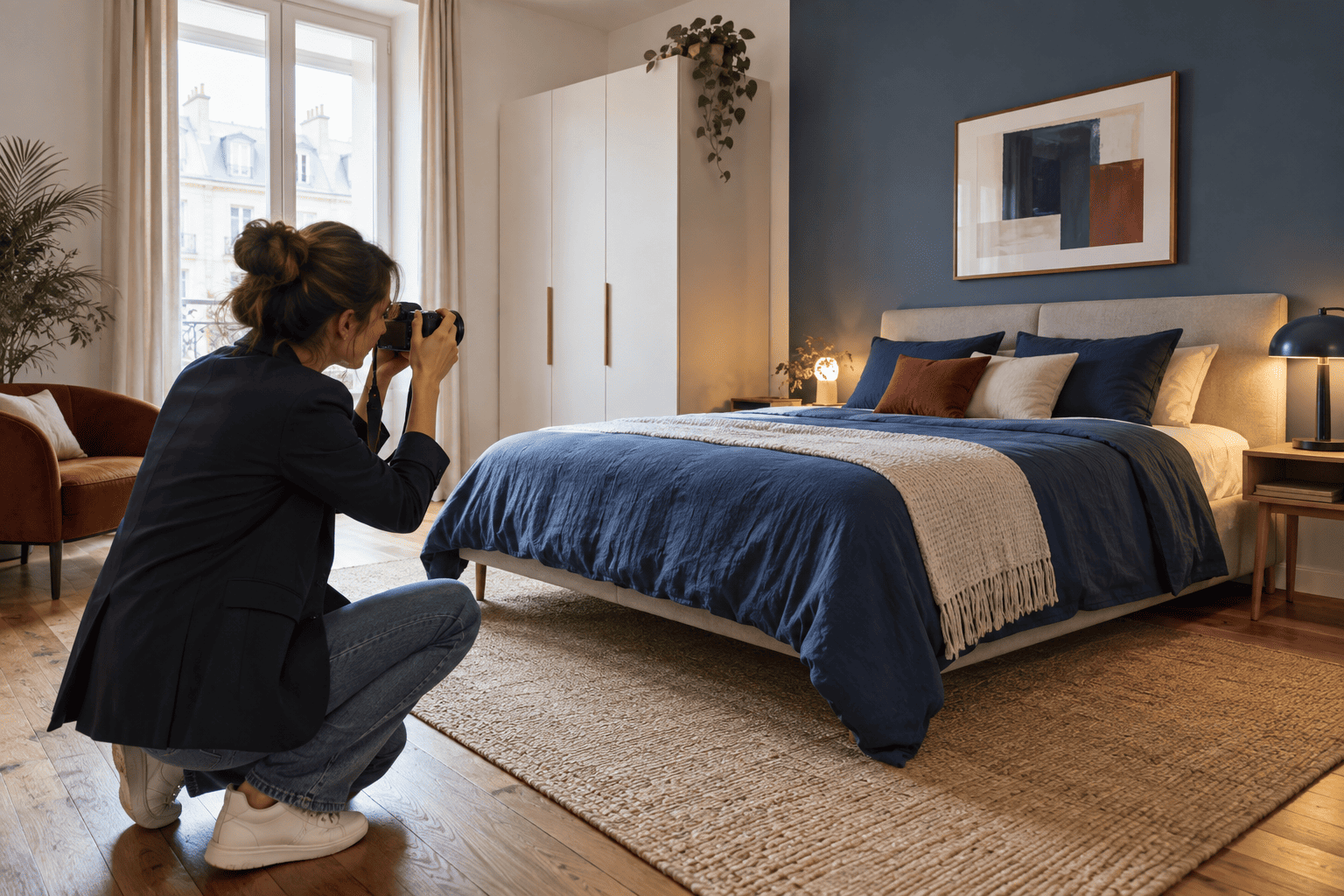 Photographe immobilière réalisant les photos d'une chambre lumineuse